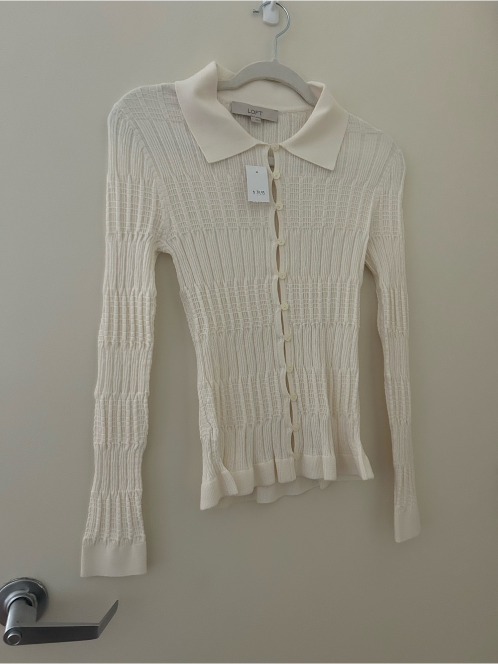 LOFT Ivory Collared Button-Front Ribbed Cardigan - Picture 3 of 4